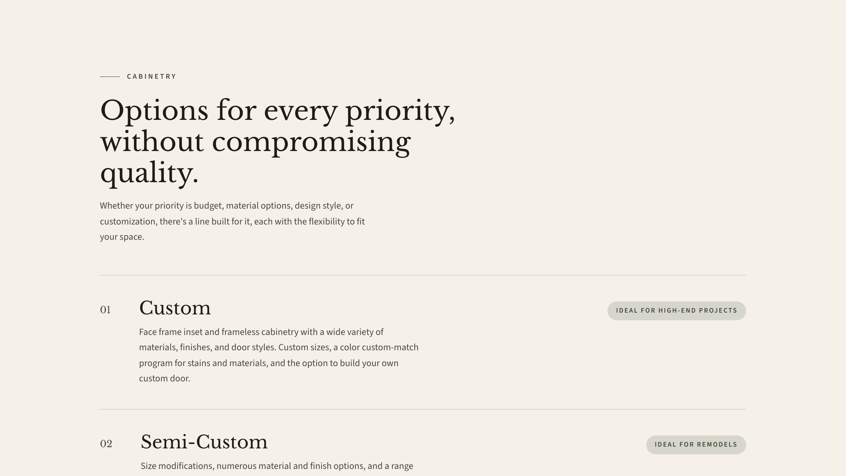 The cabinetry lines section of the new homepage