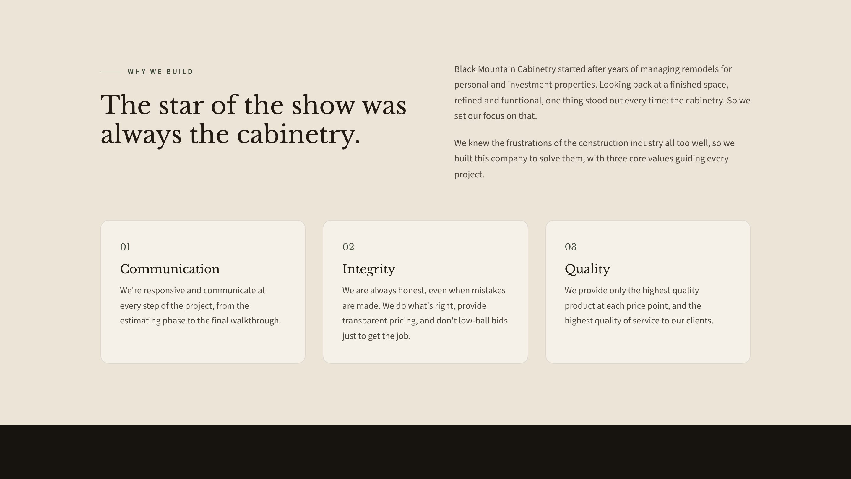 The story and values section of the new homepage