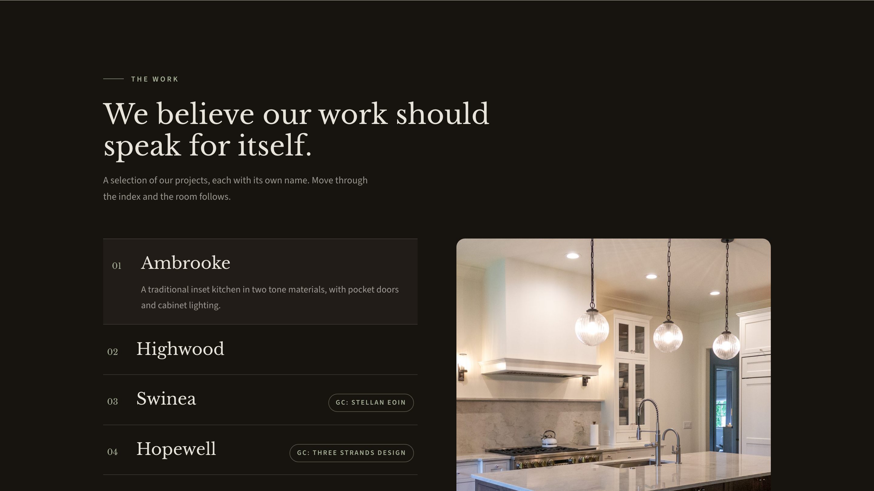 The project index section of the new homepage
